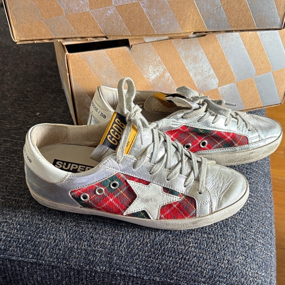 Golden Goose Silver Leather Sneakers with Red Plaid Star Detail